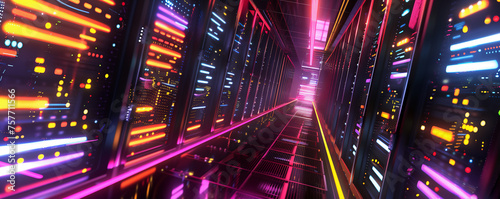 Dynamic perspective of a server room bathed in vibrant neon lights, highlighting the power and speed of modern data processing technology