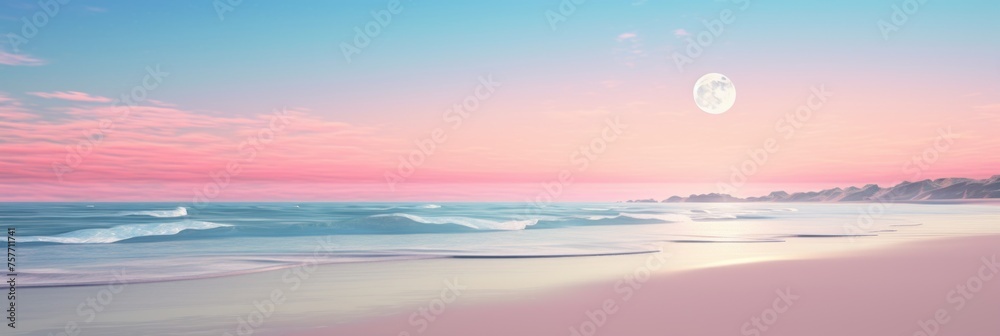 Foamy Clear Ocean Wave Rolling to Pink Sand Shore Turquoise Blue Water. Beautiful Tranquil Idyllic Scenery. Tropical Beach Vacation Relaxation Paradise. Copy Space Elegant Styled Toned Image