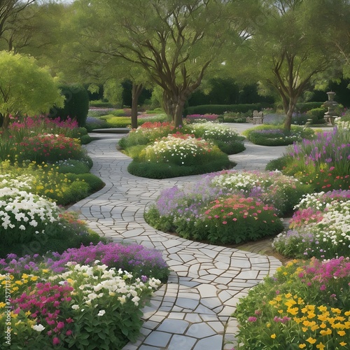 Capture the scenes serenity featuring meticulously arranged flower beds and meandering pathways © moiz