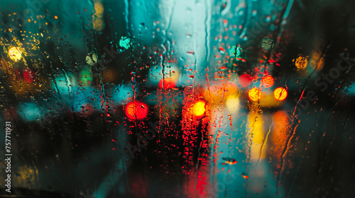 Raindrops race down a car window, distorting the cityscape into a colorful, abstract painting, merging the melancholy of rain with the vibrant hues of urban life © Дмитрий Симаков