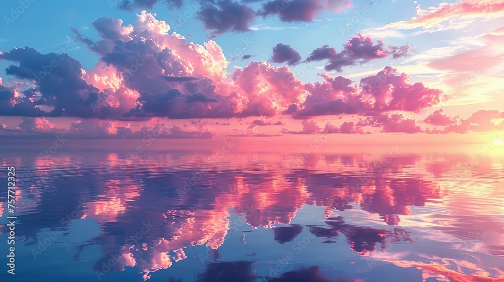 Naklejka premium Soft clouds in shades of pink and lavender are mirrored in the still waters of the lake creating a picturesque sunset scene