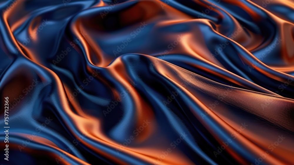 Obraz premium Silky waves of blue and orange satin fabric create a mesmerizing pattern of light and shadow, exuding elegance and depth.