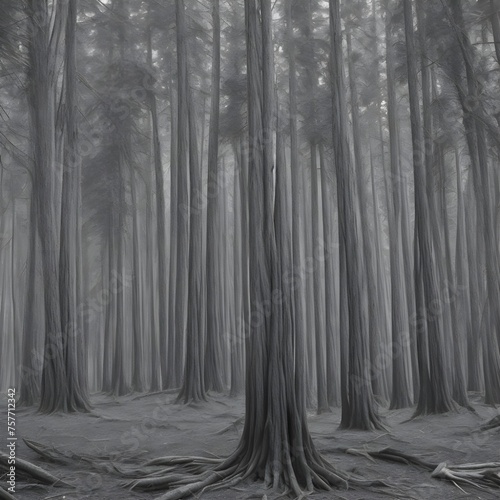 Generate an image of a deep dark forest with ancient towering trees