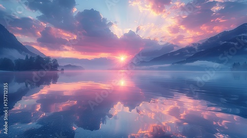 Soft clouds in shades of pink and lavender are mirrored in the still waters of the lake creating a picturesque sunset scene