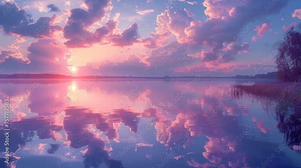 Soft clouds in shades of pink and lavender are mirrored in the still waters of the lake creating a picturesque sunset scene