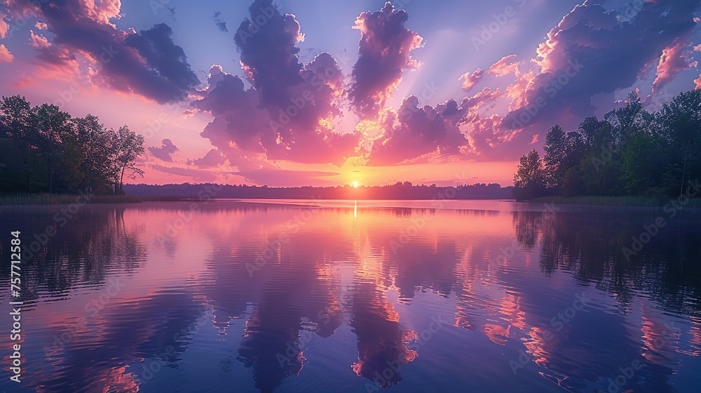 Soft clouds in shades of pink and lavender are mirrored in the still waters of the lake creating a picturesque sunset scene