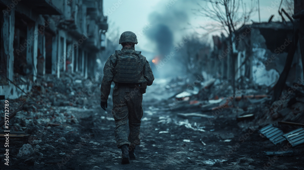 War Horror: Soldier Walking Through Ruined City, View from Behind, Houses Ablaze Ahead - Photograph Depicting Daily News and Realities of Conflict.