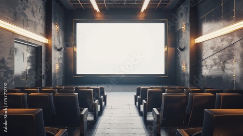 cinema screen mockup with empty seats, business advertising poster design, 3d render, 3d illustration