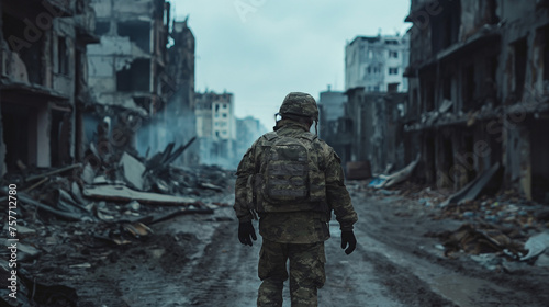 News. War-torn city streets: soldier walking amidst devastation, view from behind, photograph depicting the realities of conflict and the impact of war.