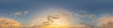 360 sky panorama of vibrant golden Cumulus clouds at sunset, seamless hdr equirectangular format. Full zenith for 3D visualization and sky replacement. Nature, weather and climate change concept