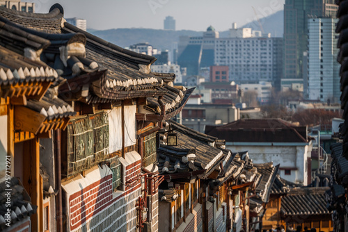 Traditional Korean building architecture of bukchon Hanok Village in Seoul, South Korea