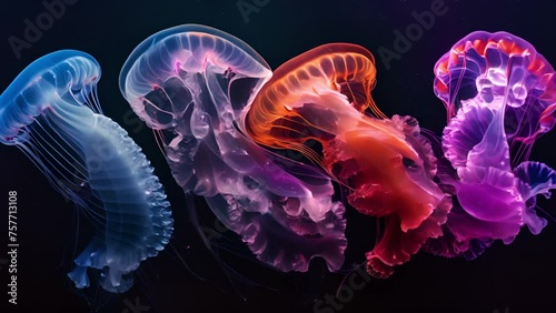 Close up of three moon jellyfish flooting. Three glowing orange-pink jellyfish are swimming. The underwater sea world, marine ecosystem.  photo