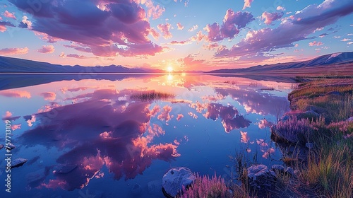 Soft clouds in shades of pink and lavender are mirrored in the still waters of the lake creating a picturesque sunset scene