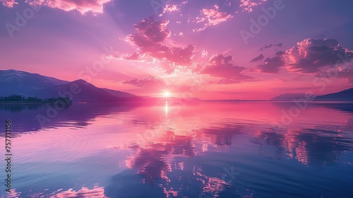 Soft clouds in shades of pink and lavender are mirrored in the still waters of the lake creating a picturesque sunset scene