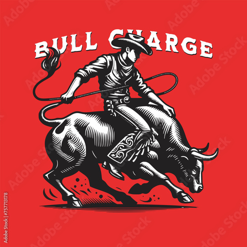 cowboy riding black bull rodeo with rope vector illustration
