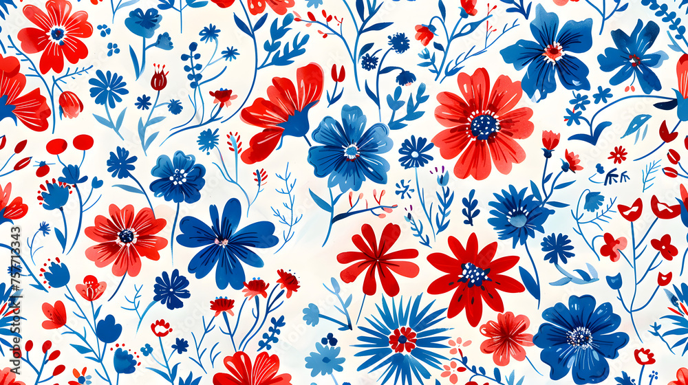 A seamless pattern featuring a mix of red and blue flowers on a white background