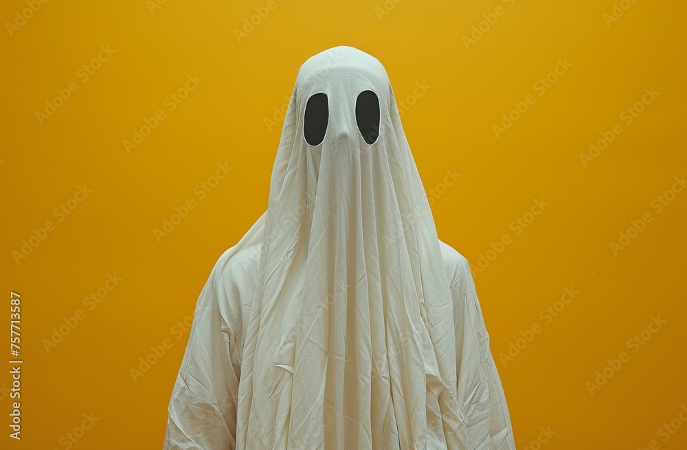 Simplistic white sheet ghost costume floats against vibrant yellow backdrop, a Halloween classic