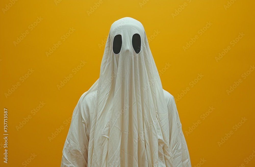 Simplistic white sheet ghost costume floats against vibrant yellow backdrop, a Halloween classic Simplistic white sheet ghost costume floats against vibrant yellow backdrop, a Halloween classic