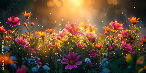 Flowers in a field with the sun shining through the sky generative ai  © Imran