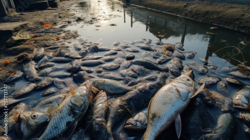 Dead fish in the canal represents the impact of wastewater on the ecosystem. photo