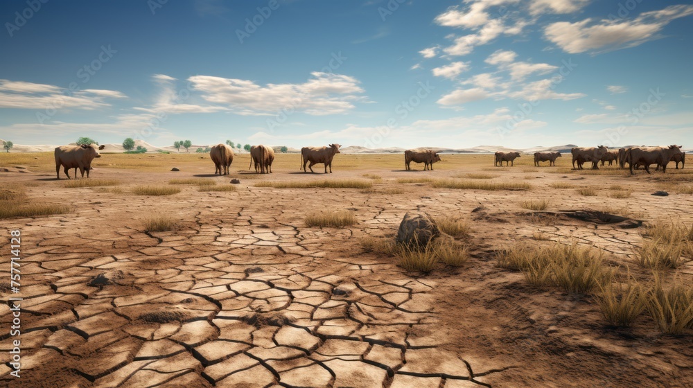 dry ground Cracked patches of cattle, no water to drink, dry grass indicates drought problems - obrazy, fototapety, plakaty 
