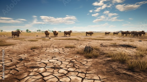 dry ground Cracked patches of cattle, no water to drink, dry grass indicates drought problems photo