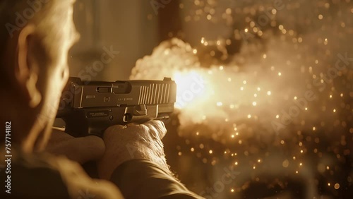 Close up macro slow motion of the muzzle flash on a pistol as a it is fired  photo