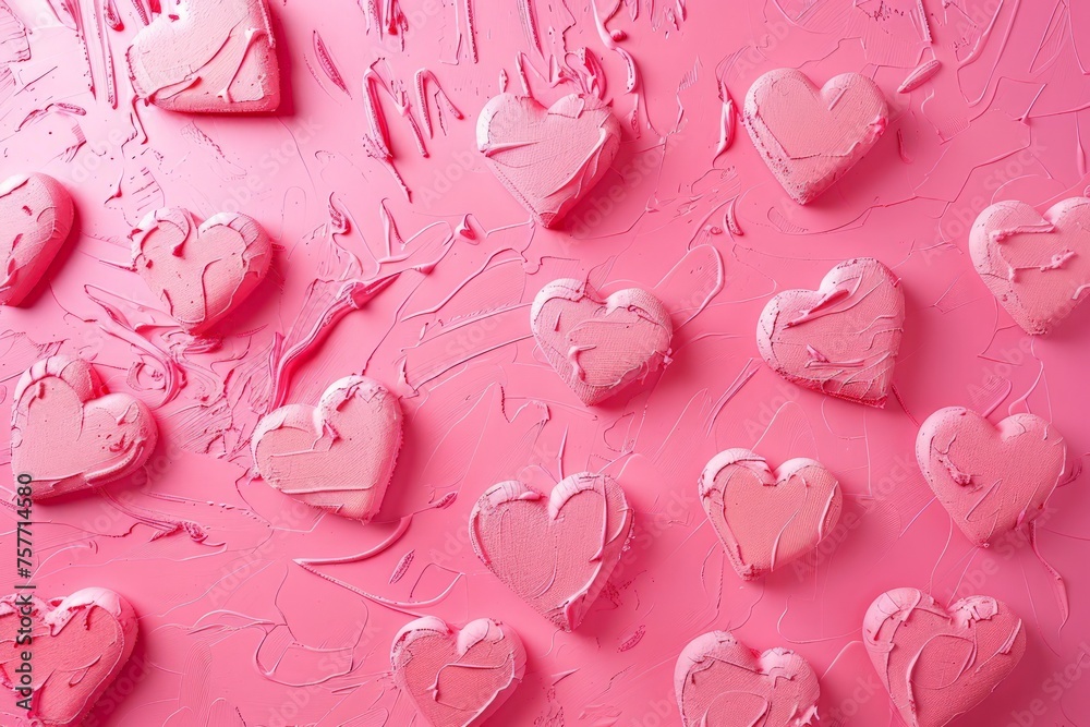 A collection of pink hearts arranged on a solid pink background
