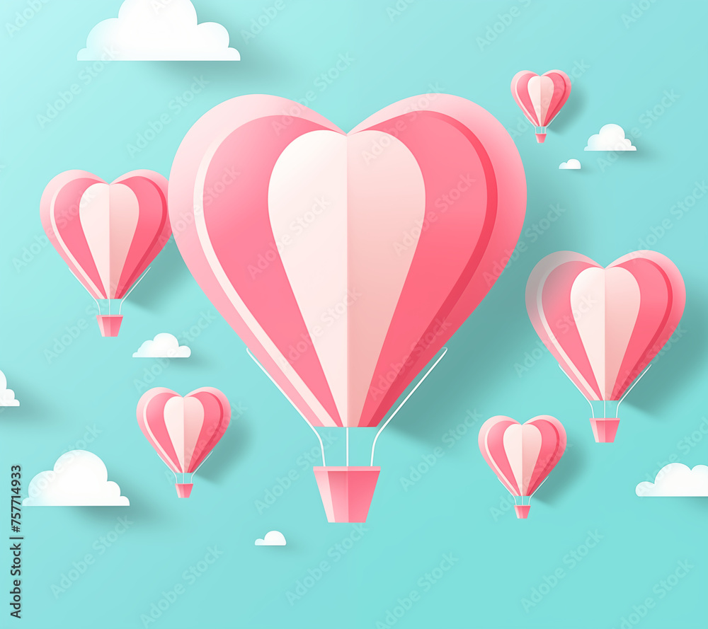 heart hot air balloons, paper cut style, pink and turquoise colors, simple, minimalistic 