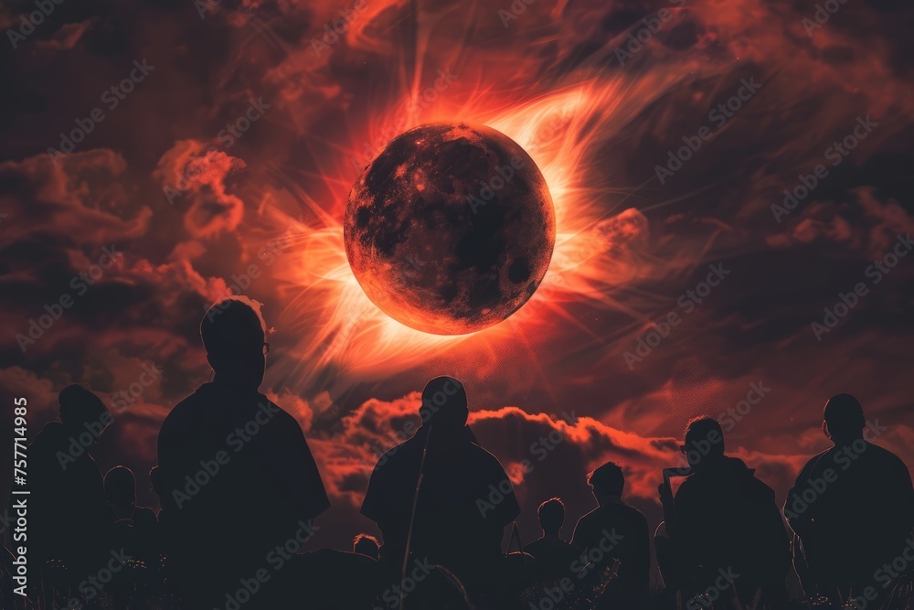 A group of individuals standing and observing a solar eclipse, with the sun partially covered by the moon in the background A group of individuals standing and observing a solar eclipse, with the sun partially covered by the moon in the background