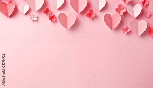 Pink paper hearts on a pink background, Valentine's Day concept banner with copy space area for text and a website title, banner for advertising posts photo