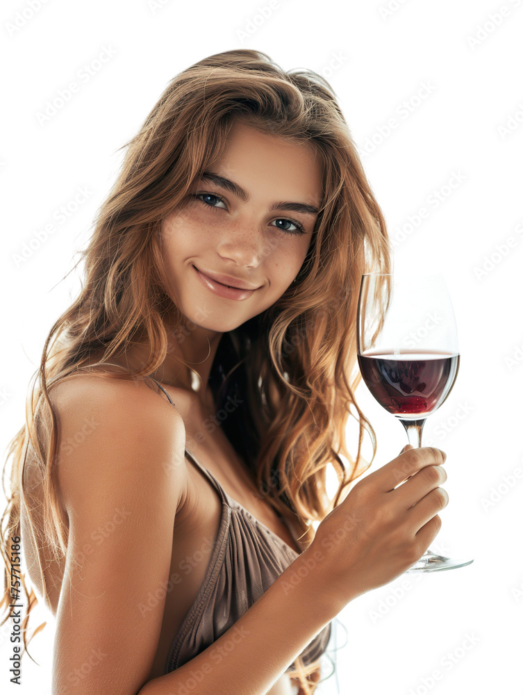 portrait of a very pretty girl holding a glass of wine. White Background isolated PNG portrait of a very pretty girl holding a glass of wine. White Background isolated PNG