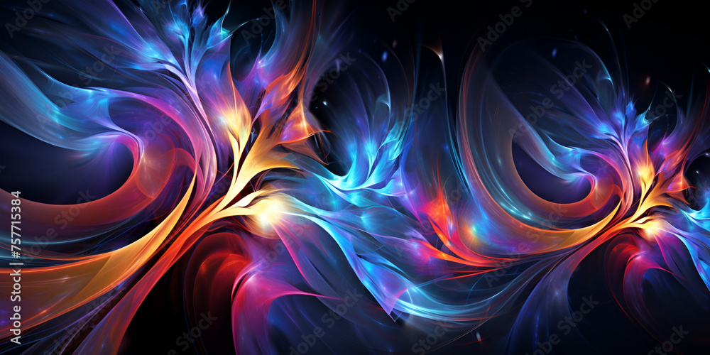 abstract fractal background, Abstract computer generated fractal design a fractal is a never ending pattern, bright saturated watercolor colors on dark background, Generative AI