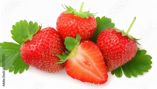 Strawberry berry with green leaf and half isolated on white background. Strawberry clipping