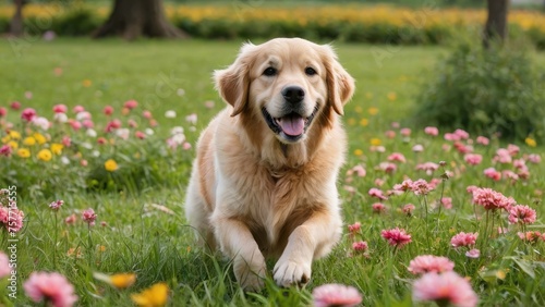 Golden retriever dog in flower field