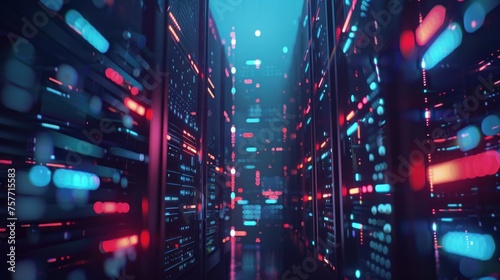 Modern Data Technology Center Server Racks in Dark Room with VFX. Visualization Concept of 