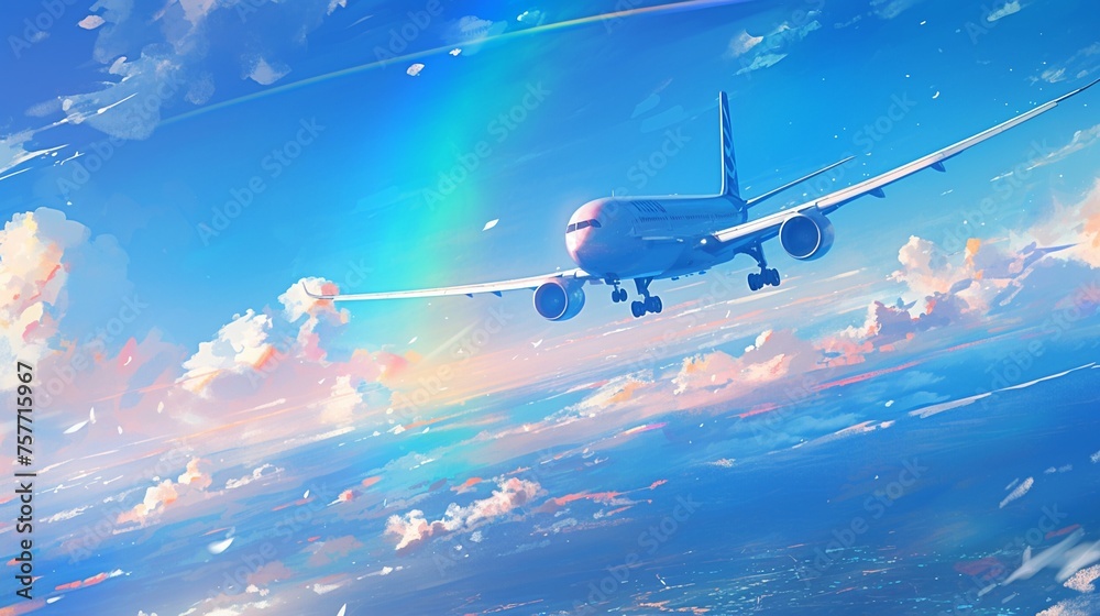 飛んでいる旅客機、虹2 - obrazy, fototapety, plakaty 