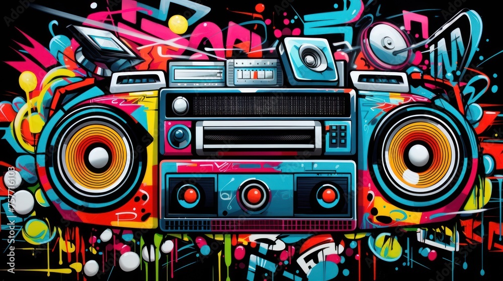 Fototapeta premium Graffiti-patterned black background: a modern expression Suitable for designing products for teenagers. Music websites or streetwear