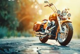 A detailed view of a motorcycle riding on a paved road, showcasing its intricate design and the motion blur created by its speed