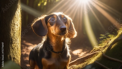 Mini tekkel breed dog in the forest photo