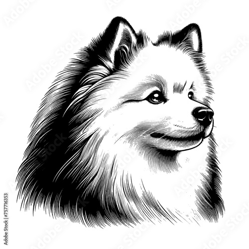 American Eskimo dog portrait. Hand Drawn Pen and Ink. Vector Isolated in White. Engraving vintage style illustration for print, tattoo, t-shirt	