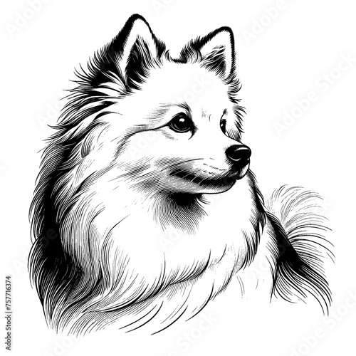 American Eskimo dog portrait. Hand Drawn Pen and Ink. Vector Isolated in White. Engraving vintage style illustration for print, tattoo, t-shirt	