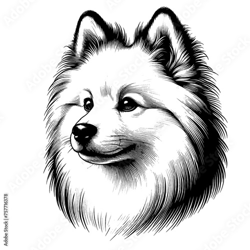 American Eskimo dog portrait. Hand Drawn Pen and Ink. Vector Isolated in White. Engraving vintage style illustration for print, tattoo, t-shirt	