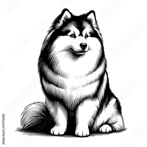 American Eskimo dog sitting. Hand Drawn Pen and Ink. Vector Isolated in White. Engraving vintage style illustration for print, tattoo, t-shirt	
