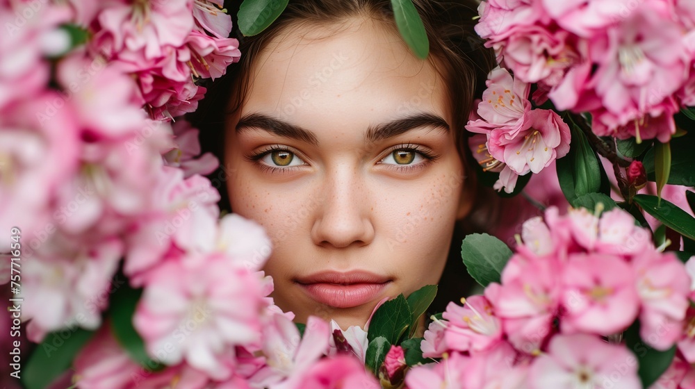 A portrait of an attractive woman, surrounded by pink flowers and leaves,a romantic atmosphere. A portrait of an attractive woman, surrounded by pink flowers and leaves,a romantic atmosphere.