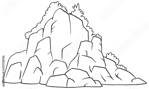Black and white drawing of a rocky mountain