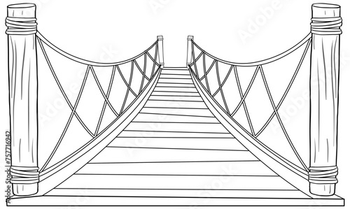 Black and white drawing of a suspension bridge