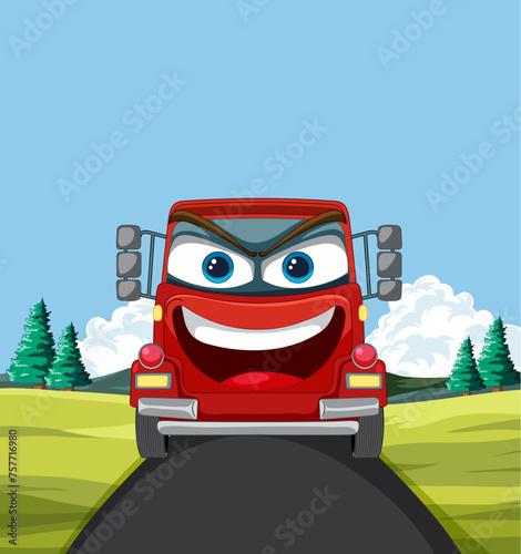 Cheerful animated car driving on a sunny day