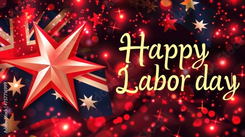  Happy Labor day  lettering calligraphy on Australia flag in shape of star  Background  element of soft red or light puple. 