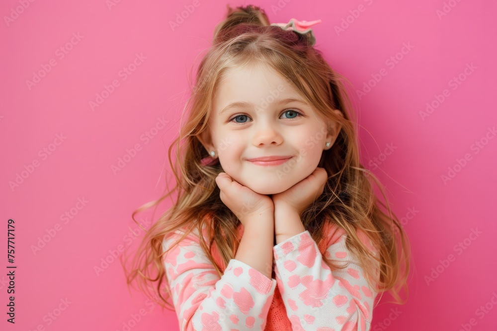 A little girl stands posing for a picture, with her hands resting on her chin in a contemplative gesture